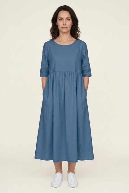 Classic Mid Sleeve Dress for Women, Cotton Relaxed Fit Round Neckline with Pockets, for Spring, Summer & Everyday Wear