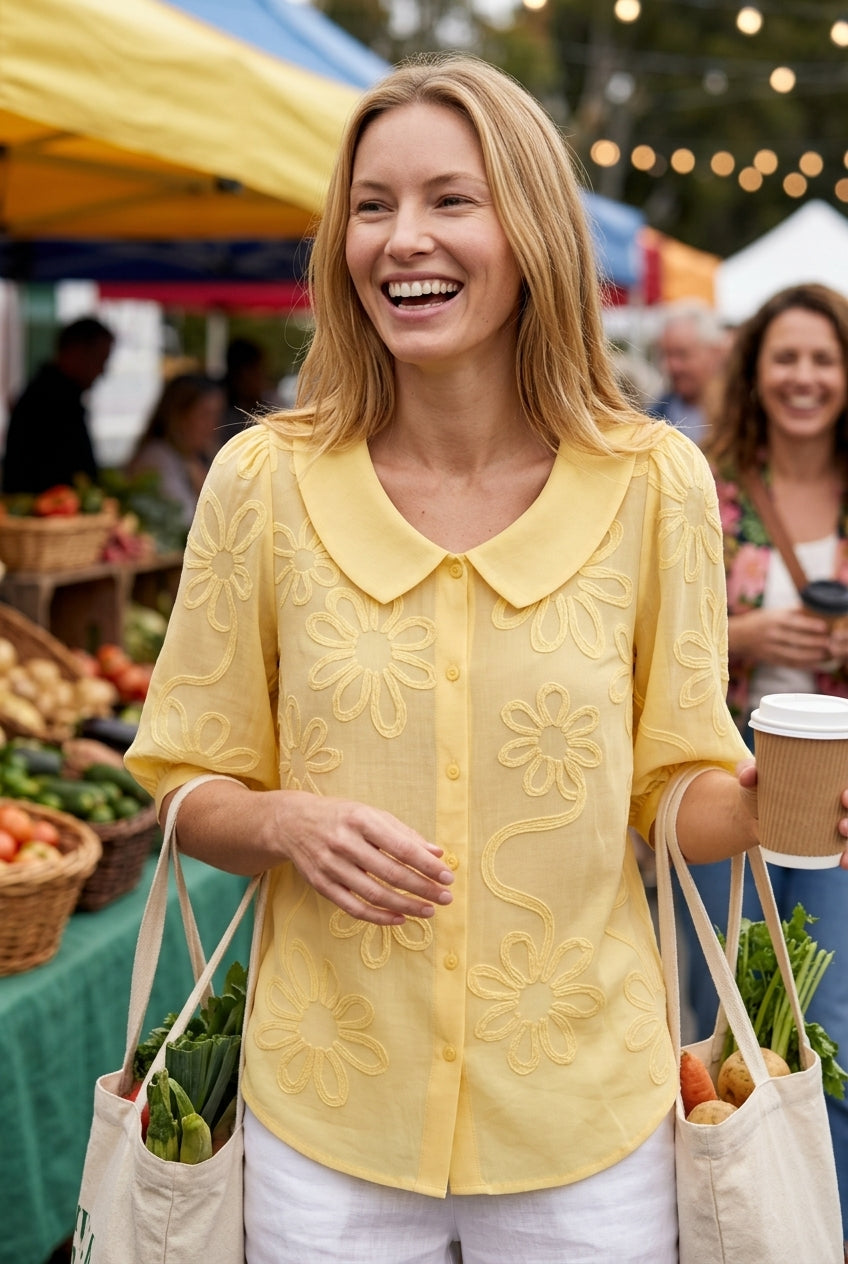 Embroidered Floral Blouse for Women, Cotton Blend Short-Sleeve Round Neckline Button-Down, for Work, Casual, Everyday & 