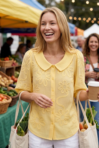 Embroidered Floral Blouse for Women, Cotton Blend Short-Sleeve Round Neckline Button-Down, for Work, Casual, Everyday & 
