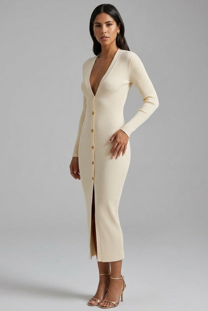 Mia | Deep V-Neck Knit Midi Dress