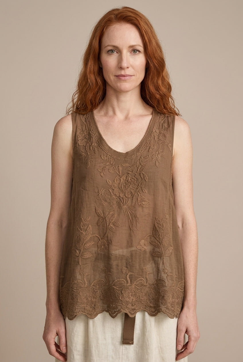 Embroidered Tank Top for Women, Sleeveless Round Neck Polyester Spandex Relaxed Fit Scalloped Hem, for Summer, Casual & 