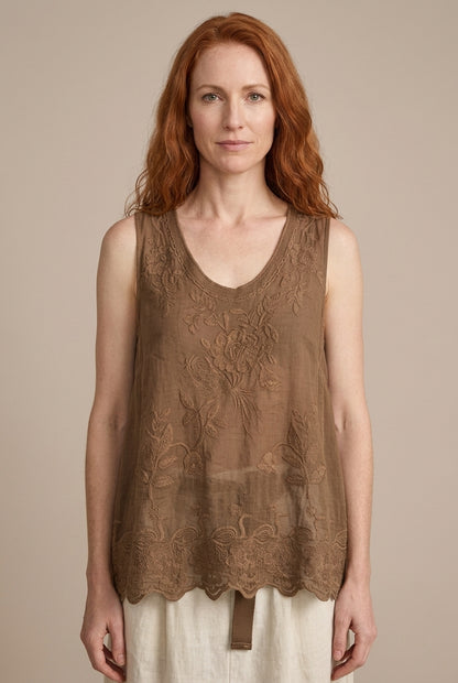 Embroidered Tank Top for Women, Sleeveless Round Neck Polyester Spandex Relaxed Fit Scalloped Hem, for Summer, Casual & 