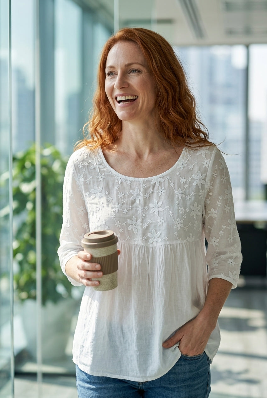 Floral Embroidered Patchwork Blouse for Women, Cotton Relaxed Crew-Neck 3/4 Sleeve Ethnic Print, for Casual, Office, Eve