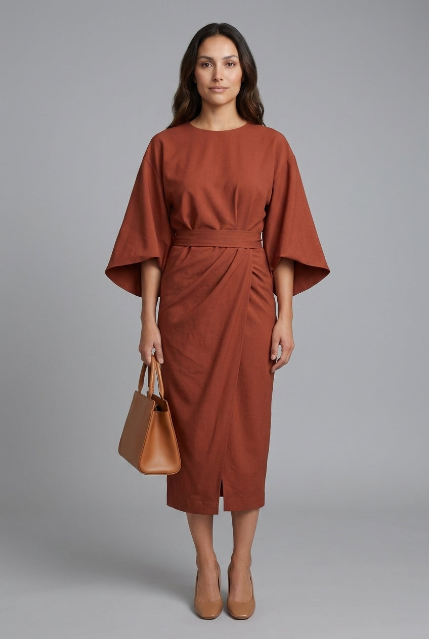Elegant Lantern Sleeve Dress for Women, Lightweight Flowing Fabric Waist-Defining Belt, for Formal Events, Celebrations 