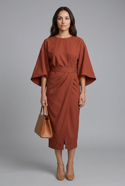 Elegant Lantern Sleeve Dress for Women, Lightweight Flowing Fabric Waist-Defining Belt, for Formal Events, Celebrations 