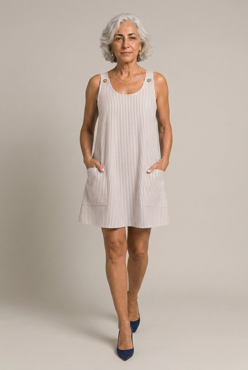 Fabienne Lisette | Striped Button-Strap Mini Dress