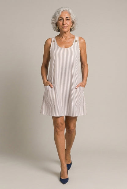 Fabienne Lisette | Striped Button-Strap Mini Dress