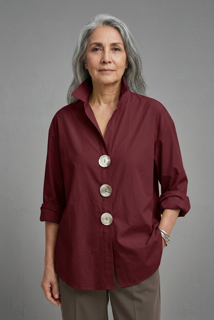 Stylish Big Button Collar Blouse for Women, Stand Collar Relaxed Fit Roll-Back Sleeves, for Work, Office, Casual & Every