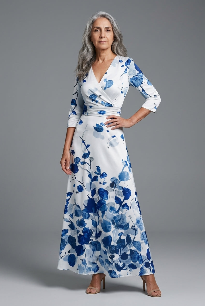 Elegant Maxi Dress for Women, Mid-Sleeve Floral A-Line with Flowing Silhouette, for Weddings, Dinners, Work & Everyday W