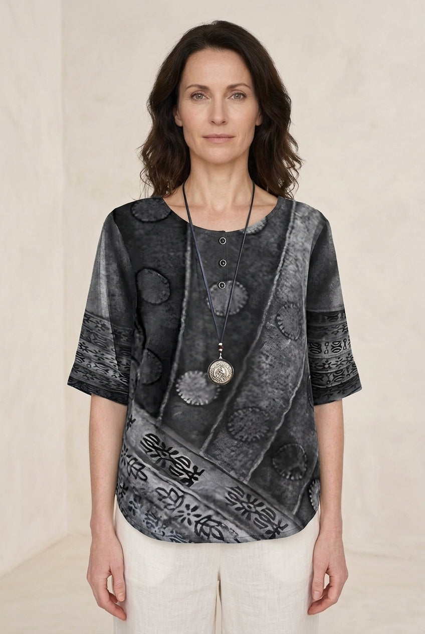 Relaxed Boho Top for Women, Mixed-Print Summer Lightweight, for Casual, Everyday & Vacation Wear