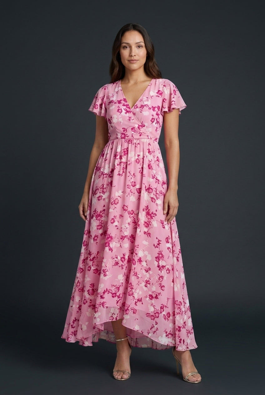 Elegant Floral Midi Dress for Women, Short Sleeve Tailored with Breathable Fabric, for Garden Party, Casual & Special Oc