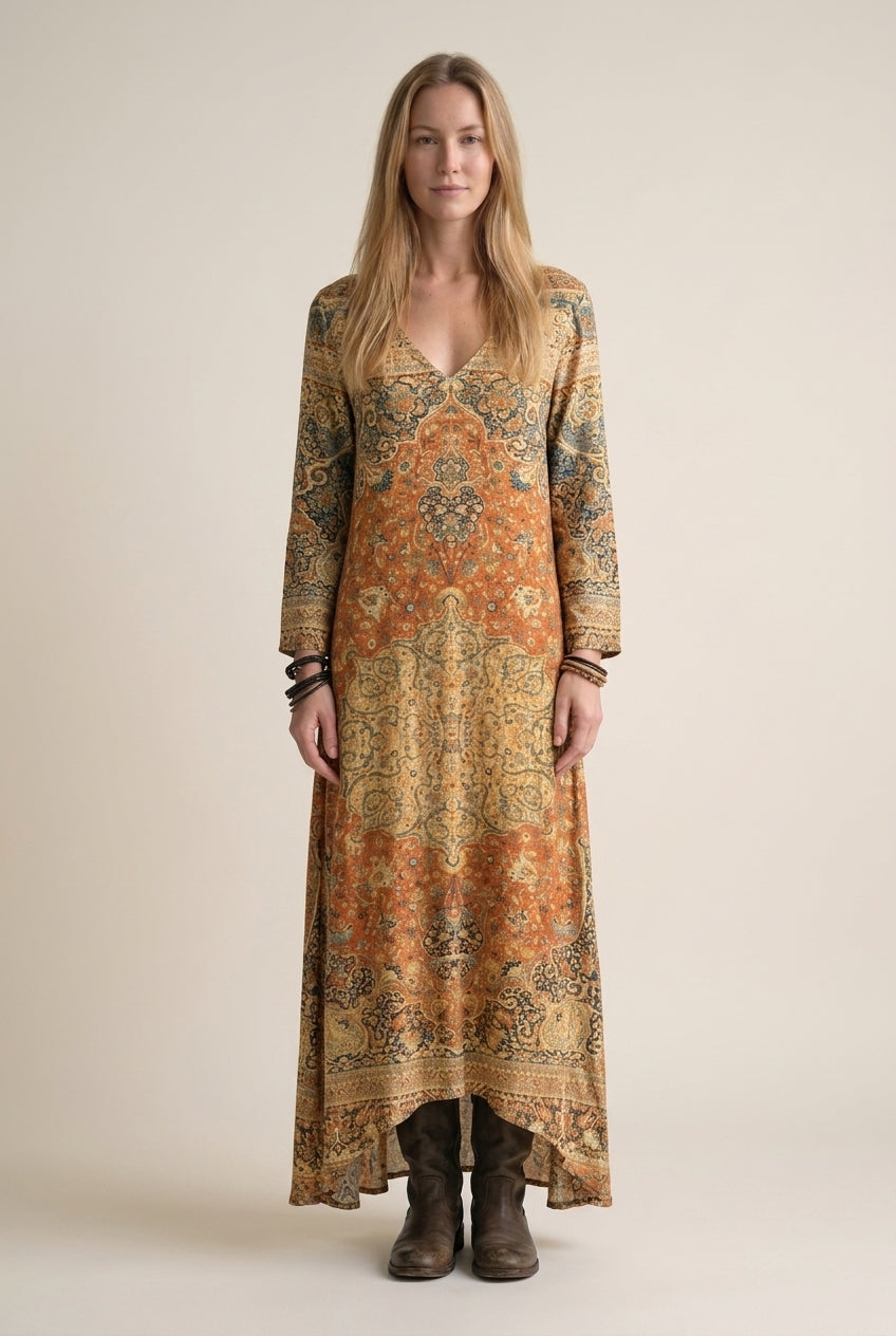 Vintage Long Sleeve Dress for Women, Cotton Blend V-Neck Relaxed Fit Flowing, for Casual, Spring, Summer & Everyday Wear
