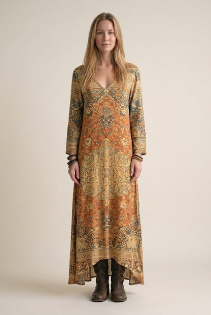 Vintage Long Sleeve Dress for Women, Cotton Blend V-Neck Relaxed Fit Flowing, for Casual, Spring, Summer & Everyday Wear