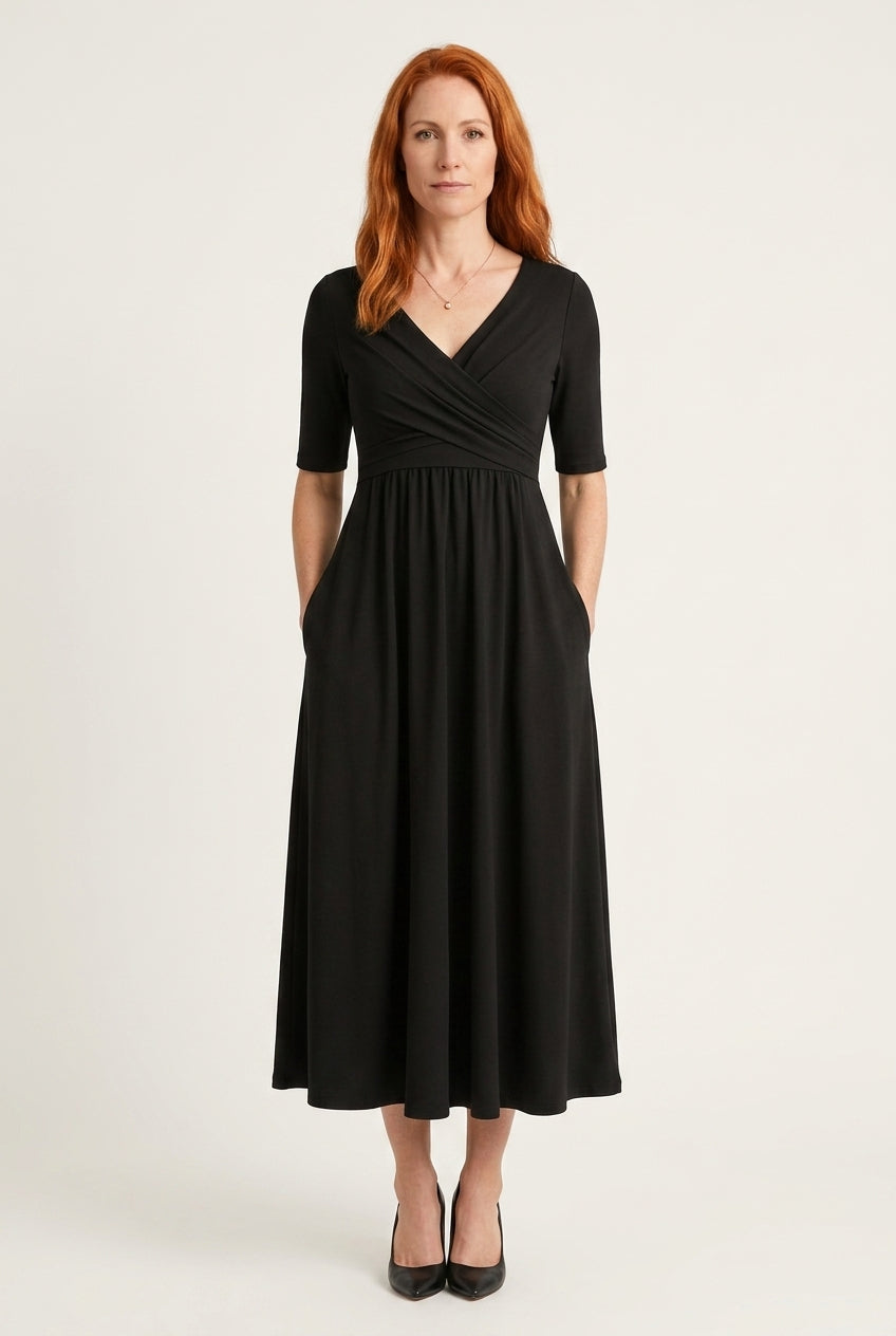 Casual V-Neck Midi Dress for Women, Wrap-Style Elbow-Sleeve Pleated with Pockets, for Office, Brunch, Lunch & Everyday W