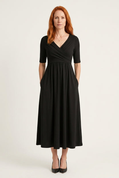 Casual V-Neck Midi Dress for Women, Wrap-Style Elbow-Sleeve Pleated with Pockets, for Office, Brunch, Lunch & Everyday W