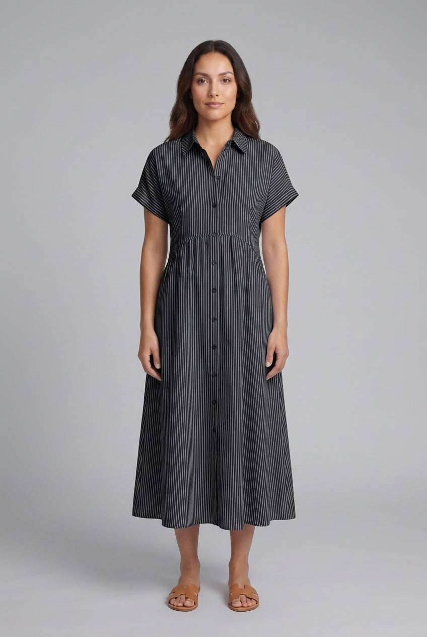Elegant Cotton Maxi Dress for Women, Short-Sleeve Shirt Collar Button-Front Fitted Waist, for Summer, Vacation, Brunch &