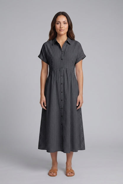 Elegant Cotton Maxi Dress for Women, Short-Sleeve Shirt Collar Button-Front Fitted Waist, for Summer, Vacation, Brunch &