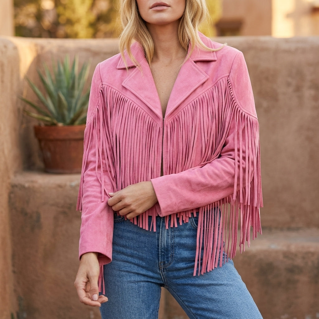 Evelyn | Women's Fringe Suede Cropped Moto Jacket