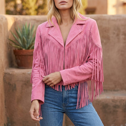 Evelyn | Women's Fringe Suede Cropped Moto Jacket