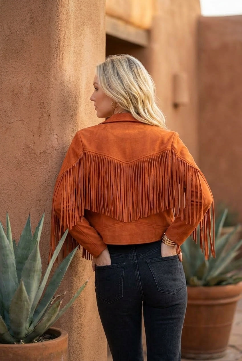 Evelyn | Women's Fringe Suede Cropped Moto Jacket