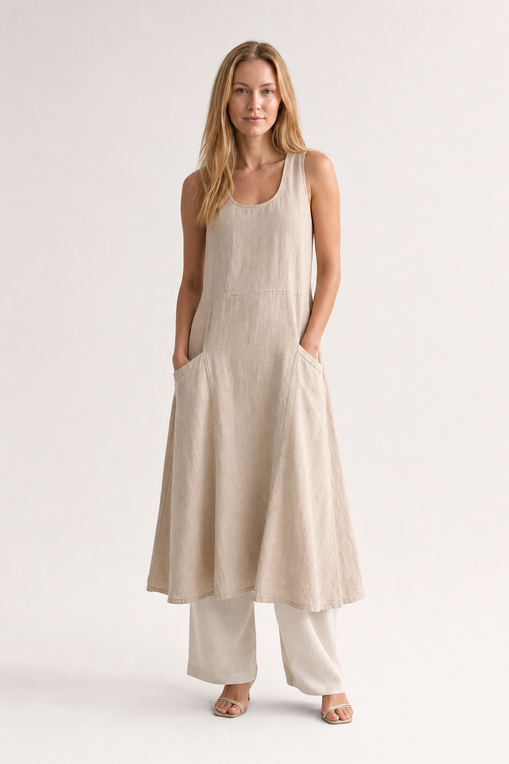 Elia | Women's Linen Sleeveless Pocket Scoop-Neck Midi Dress
