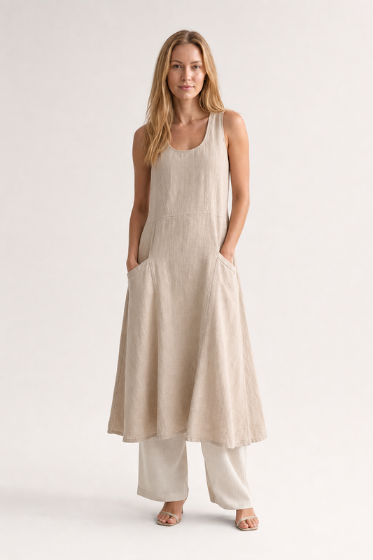 Elia | Women's Linen Sleeveless Pocket Scoop-Neck Midi Dress