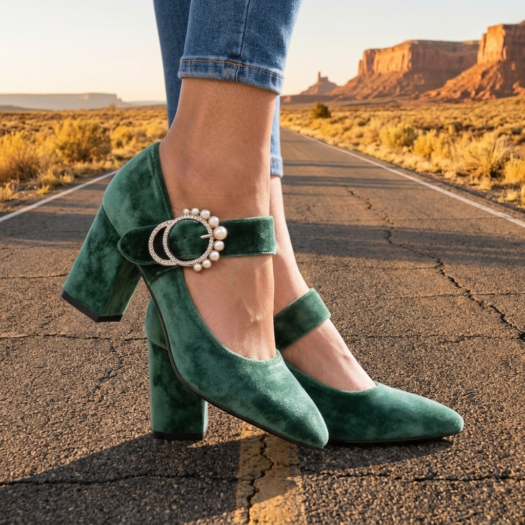 Emmeline Roxane | Velvet Pearl-Accent Heels