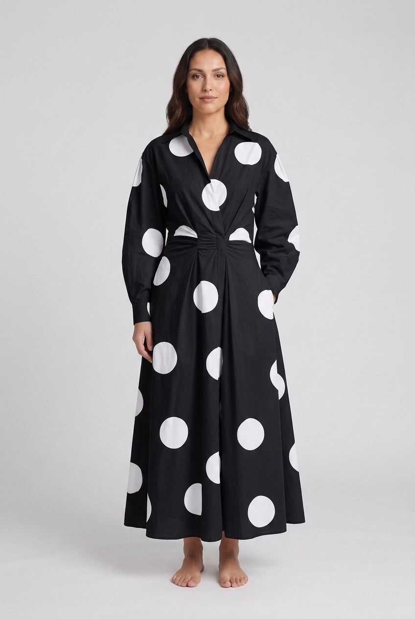 Elegant Front Wrap Collared Maxi Dress for Women, Flowing Long-Sleeve Sophisticated, for Work, Evening, Wedding Guest & 