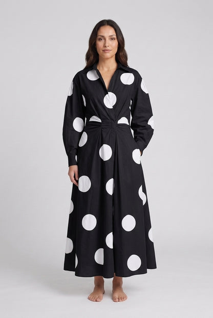 Elegant Front Wrap Collared Maxi Dress for Women, Flowing Long-Sleeve Sophisticated, for Work, Evening, Wedding Guest & 