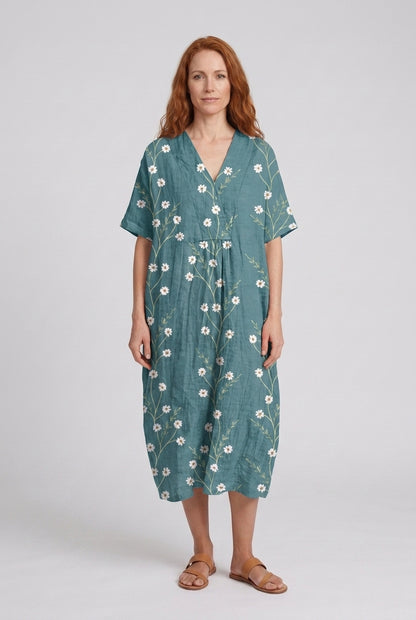 Vibrant Multicolour V-Neck Dress for Women, Lightweight Cotton-Linen Blend, for Summer, Casual & Party Wear