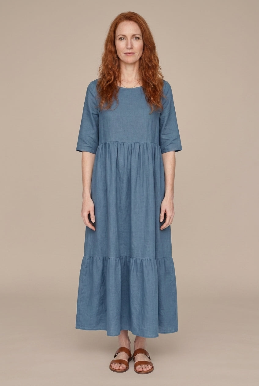 Classic Mid Sleeve Dress for Women, Cotton Relaxed Round Neckline with Pockets, for Spring, Summer & Everyday Wear