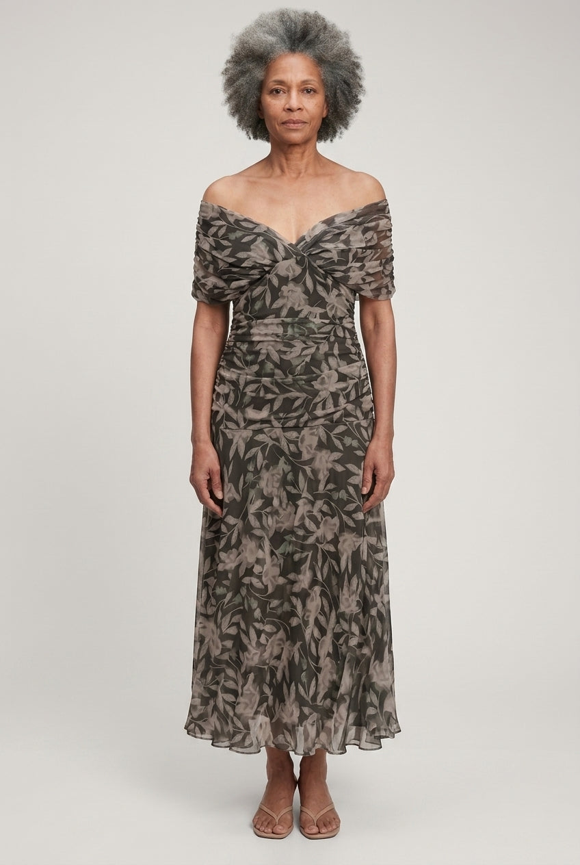 Elegant Off-Shoulder Dress for Women, Lightweight Flowy Pleated Floral, for Weddings, Evening Events & Vacation