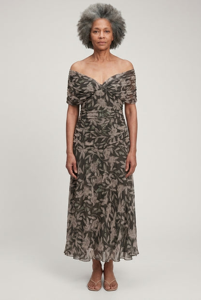 Elegant Off-Shoulder Dress for Women, Lightweight Flowy Pleated Floral, for Weddings, Evening Events & Vacation