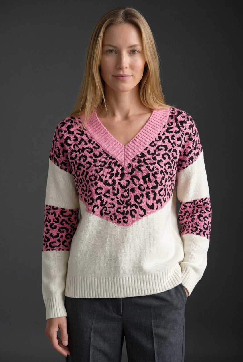 Elegant Leopard Print V-Neck Sweater for Women, Soft Knit Long-Sleeve, for Work, Casual & Evening Wear
