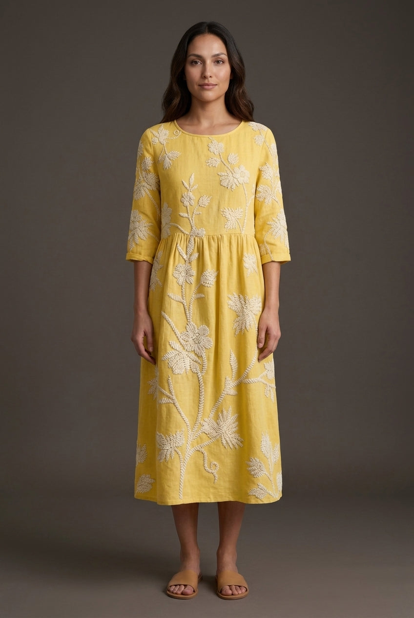 Elegant Floral Midi Dress for Women, Round Neck Linen-Cotton Blend with Embroidered Details, for Summer, Garden Events &