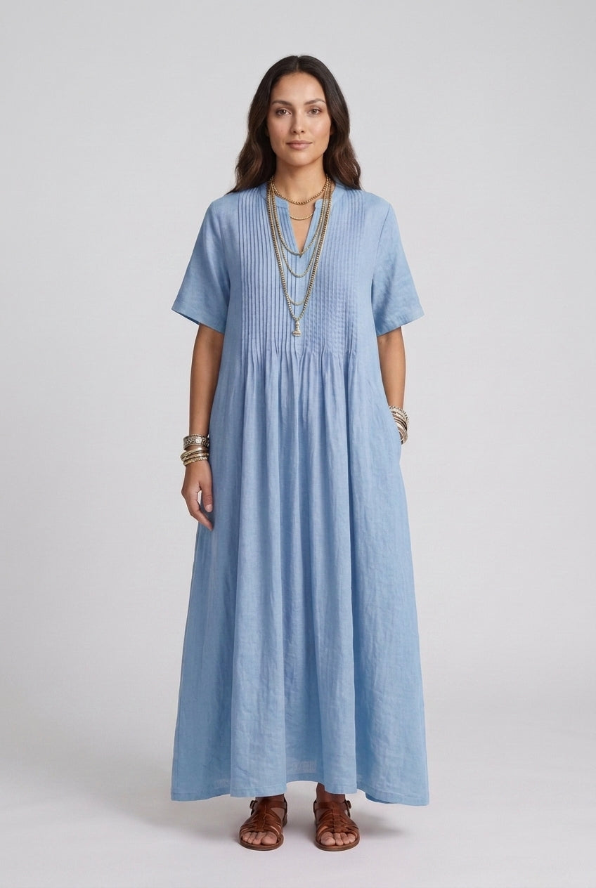 Elegant Maxi Dress for Women, Soft Linen V-Neck Relaxed Pleated, for Summer, Vacation, Brunch & Everyday Wear