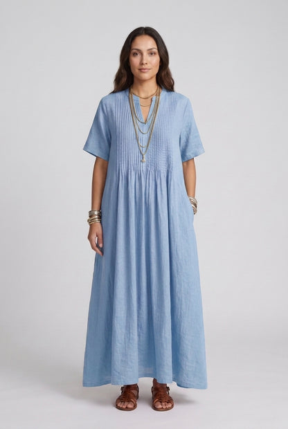 Elegant Maxi Dress for Women, Soft Linen V-Neck Relaxed Pleated, for Summer, Vacation, Brunch & Everyday Wear
