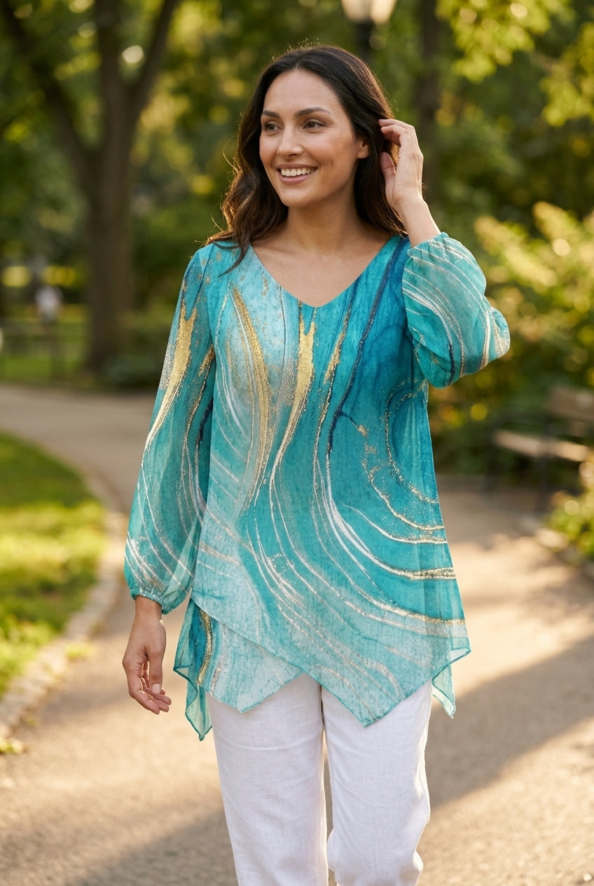 Turquoise Print Women's V-Neck Long Sleeve Asymmetric Hem Top