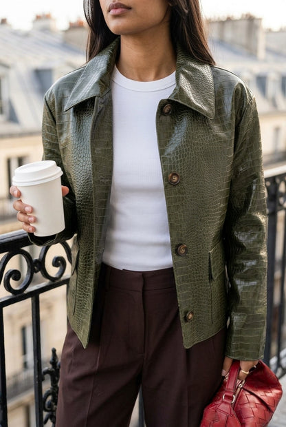 Fina | Croc Embossed Faux Leather Jacket
