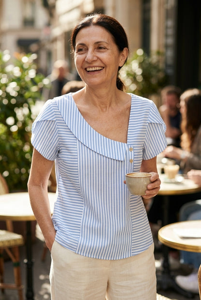 Striped Short Sleeve Blouse for Women, Diagonal Neckline Button Detail, for Work, Brunch, Summer & Everyday Wear