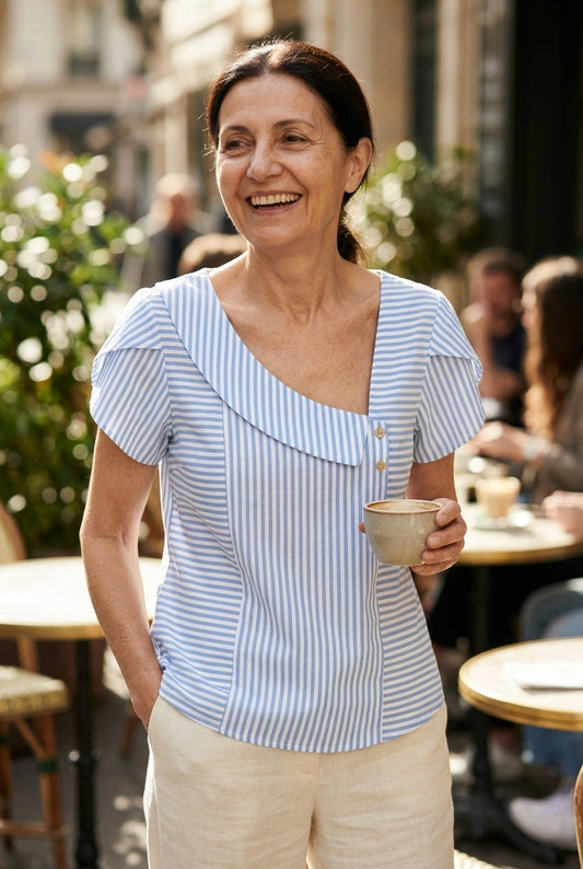 Striped Short Sleeve Blouse for Women, Diagonal Neckline Button Detail, for Work, Brunch, Summer & Everyday Wear