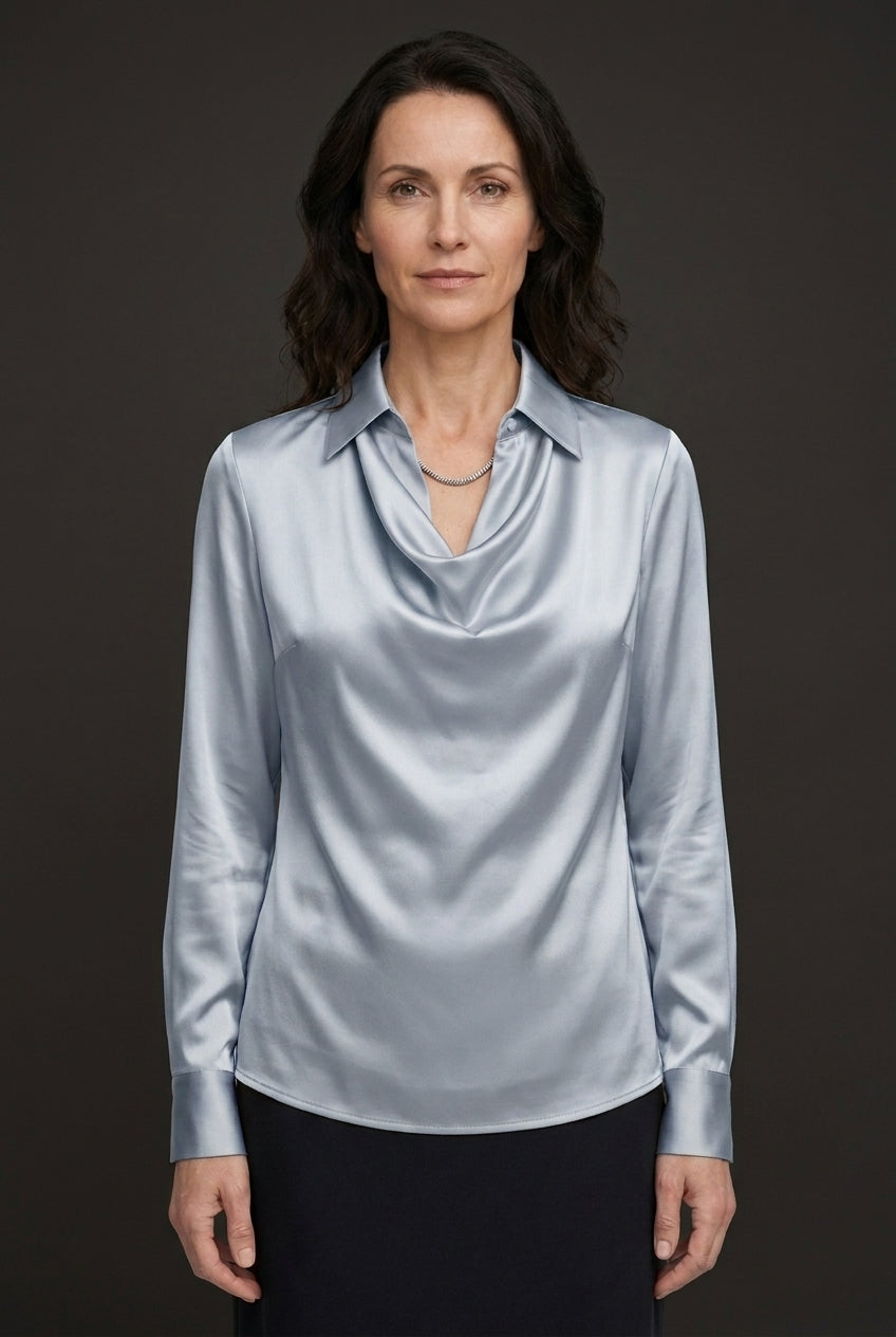 Elegant Draped Neckline Satin Blouse for Women, Long-Sleeve Tailored with Collar Detail, for Work, Office, Evening & Eve