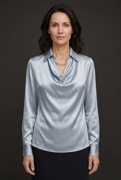 Elegant Draped Neckline Satin Blouse for Women, Long-Sleeve Tailored with Collar Detail, for Work, Office, Evening & Eve
