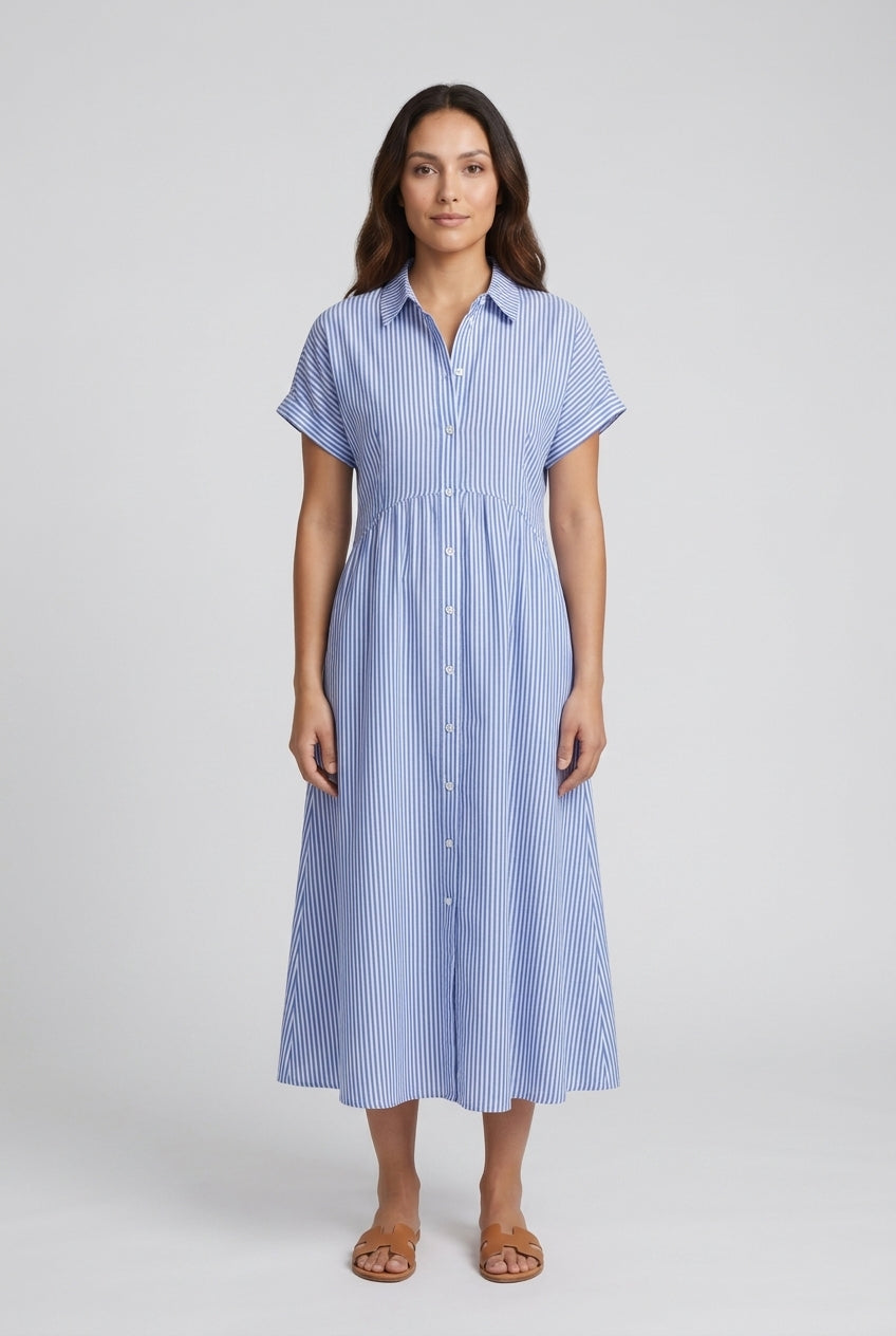 Elegant Cotton Maxi Dress for Women, Short-Sleeve Shirt Collar Button-Front Fitted Waist, for Summer, Vacation, Brunch &