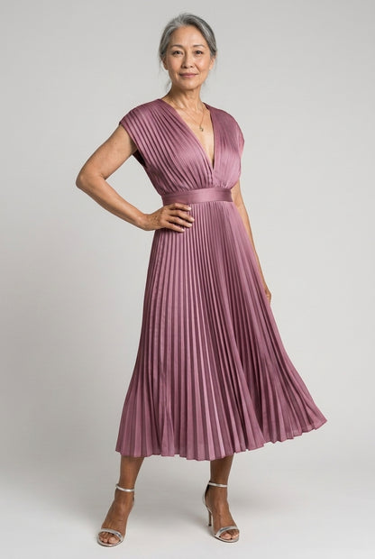 Nicoletta Vera | Pleated Midi Dress with Tie Belt