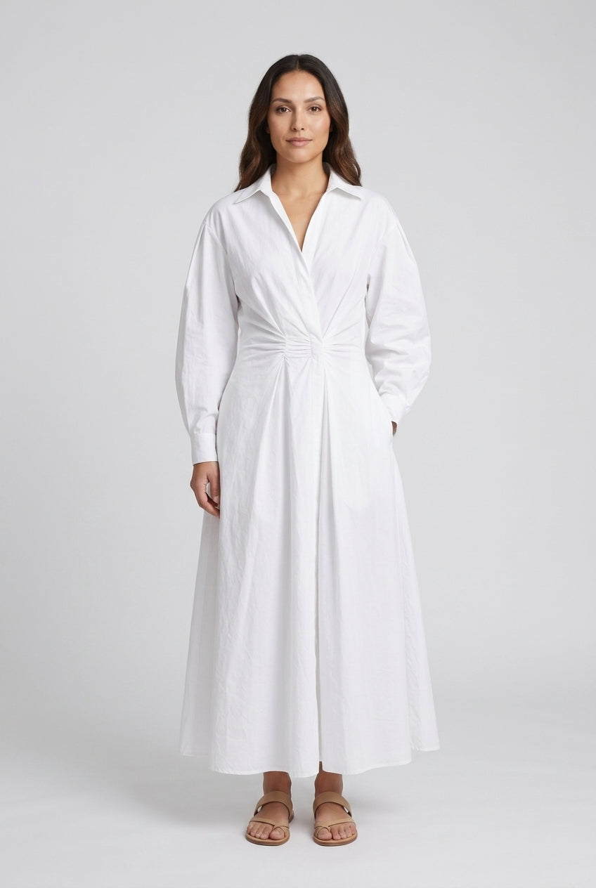 Elegant Front Wrap Collared Maxi Dress for Women, Flowing Long-Sleeve Sophisticated, for Work, Evening, Wedding Guest & 