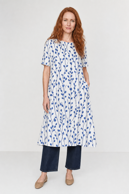 Kaia | Women's Cotton Floral Round-Neck Pocket Midi Dress