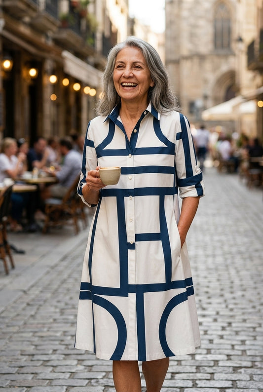 Sophisticated Pattern Collar Midi Dress for Women, Fluid Relaxed Silhouette with Graceful Drape, for Work, Brunch, Date 