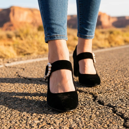 Emmeline Roxane | Velvet Pearl-Accent Heels