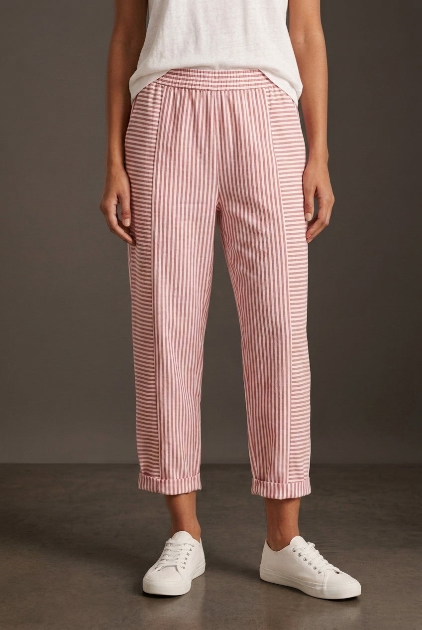Relaxed Striped Summer Pants for Women, Lightweight Breathable Tapered with Elastic Waistband, for Travel, Casual & Ever